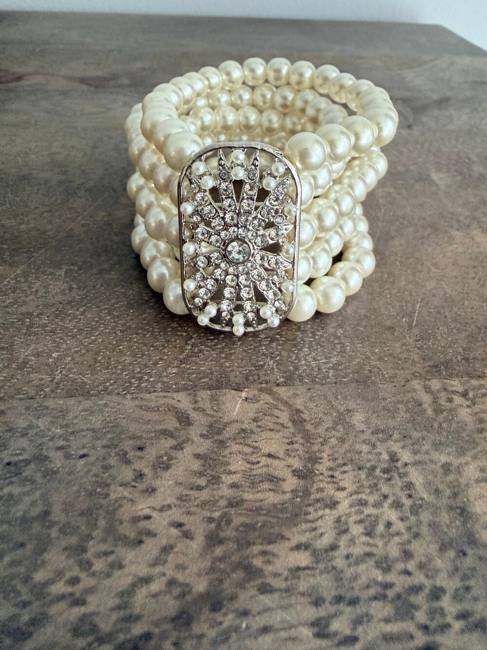 Cream Faux Pearl Multi-Strand Stretch Bracelet with Rhinestone Accent